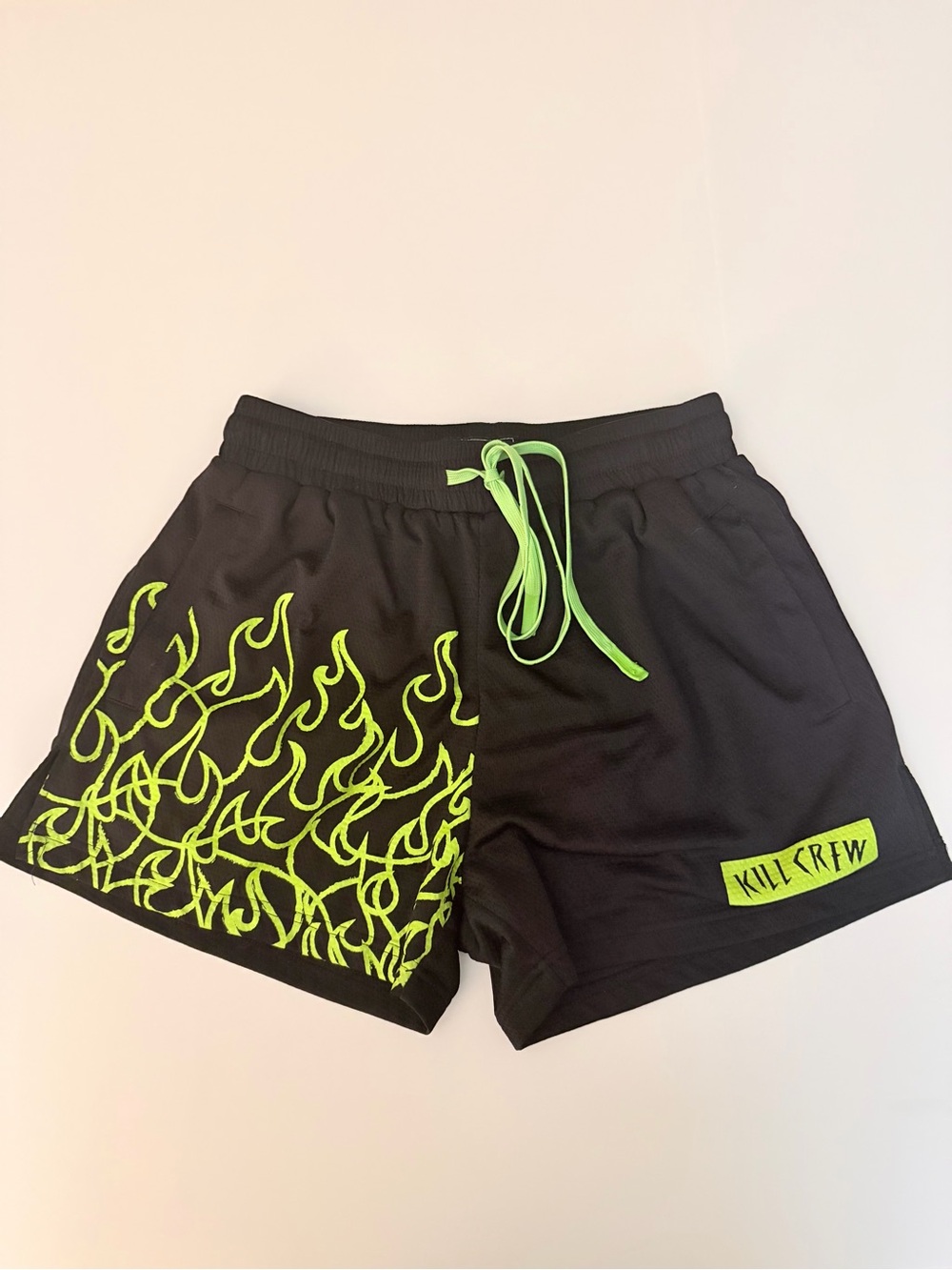 KILL CREW — MUAY THAI FLAME SHORTS (MID THIGH CUT) - BLACK / NEON GREEN, LARGE